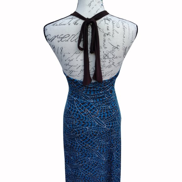 Blue Brown Halter Maxi Dress Medium Empire Waist Babydoll Low Back Geometric - Picture 5 of 6